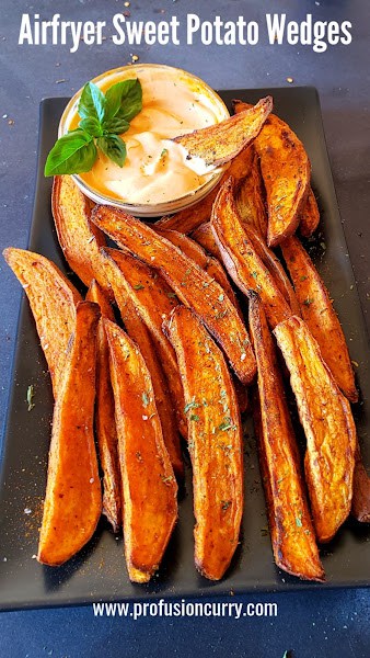 Pinterest image with text overlay for vegan and gluten free sweet potato wedges made in the airfyer.