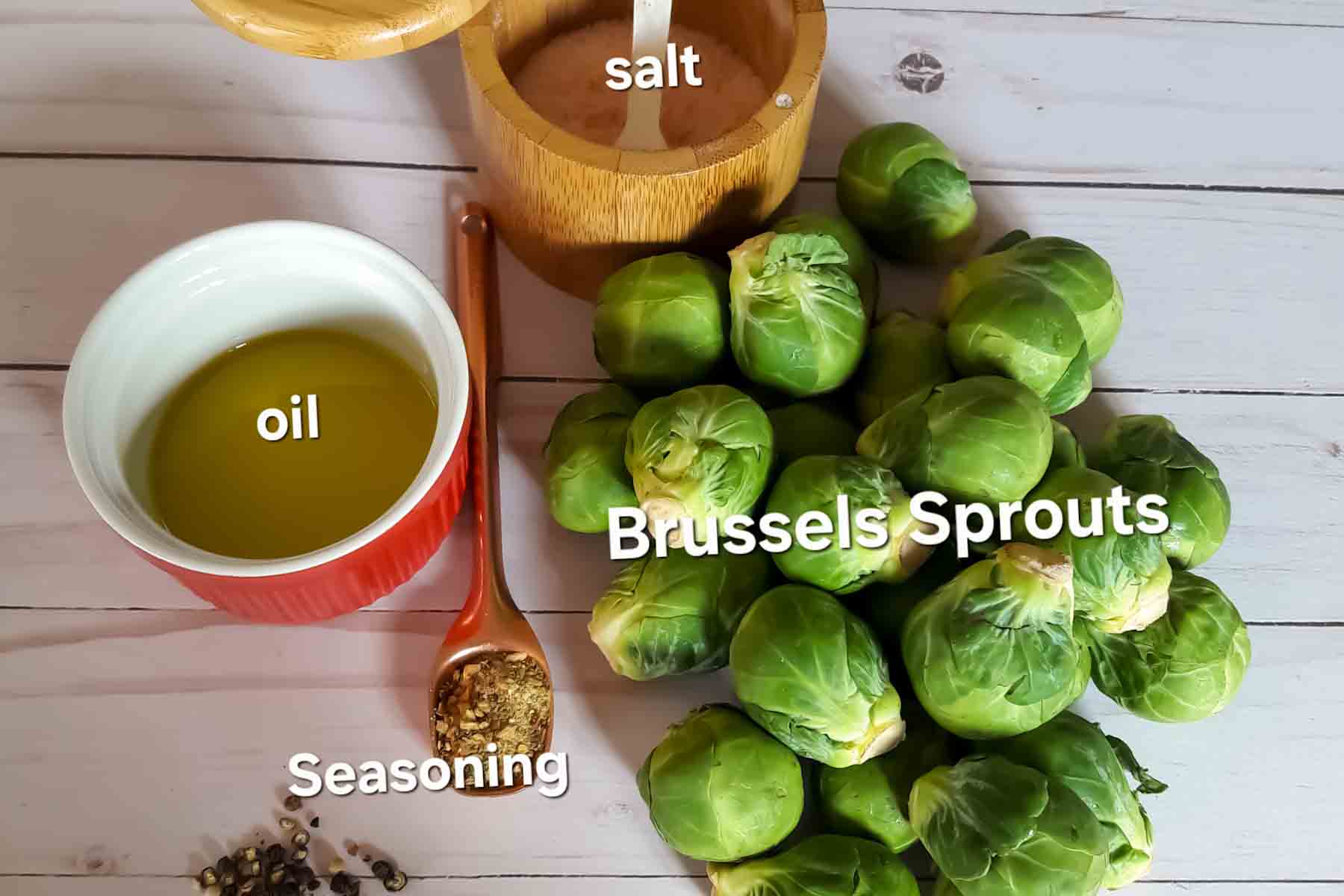 Basic pantry ingredients used in making vegan and gluten-free crispy brussels sprouts recipe with oven and skillet making option.