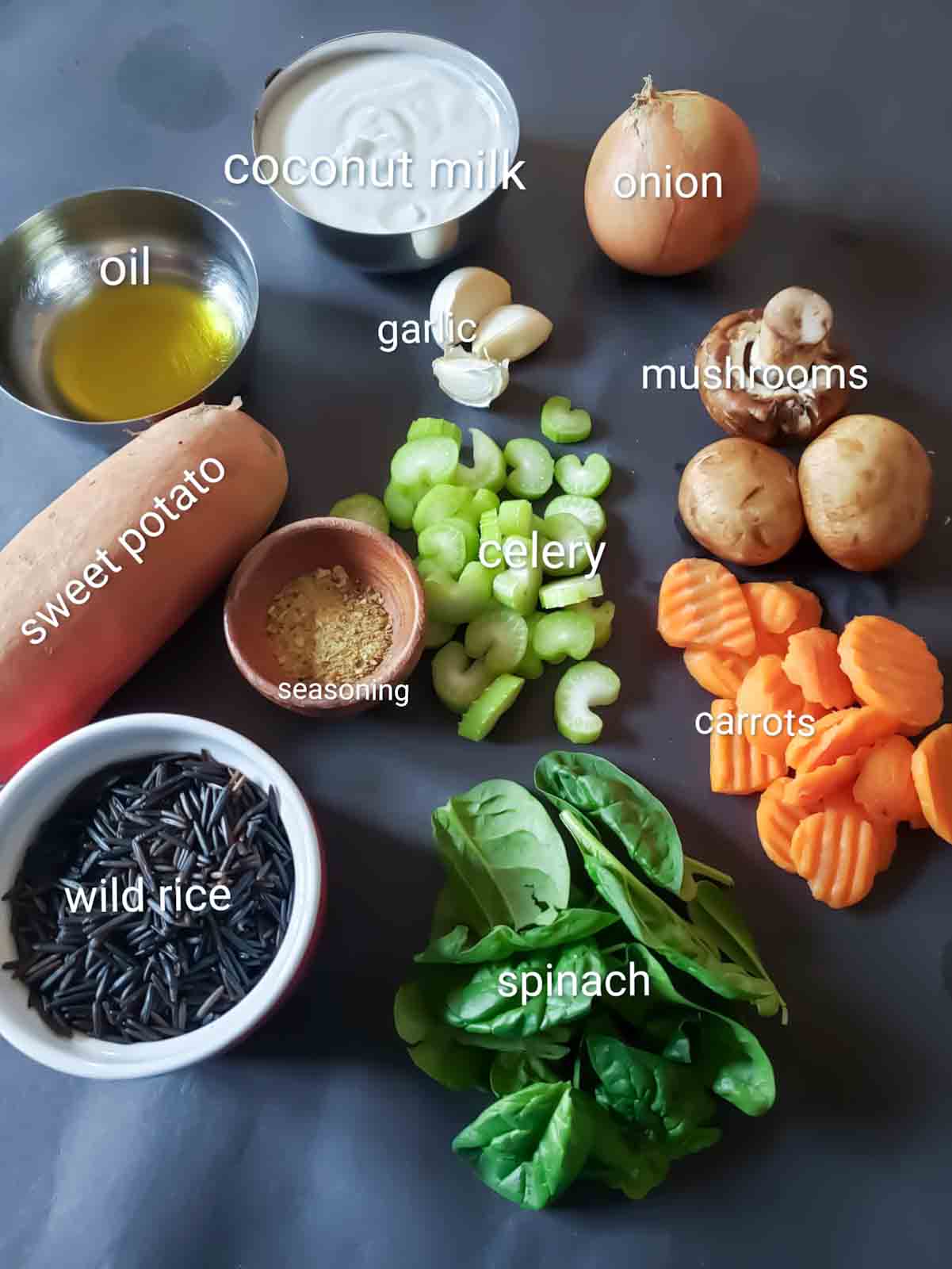 Vegan and gluten free ingredients used in making Vegetarian Wild Rice Soup with Mushrooms.