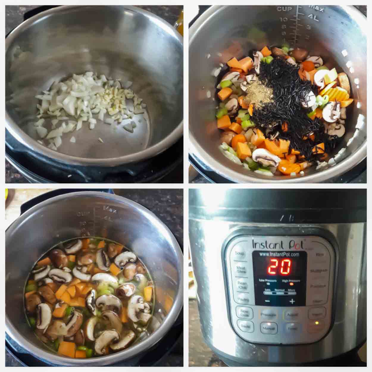 Process Steps 1-4 involved in making Instant Pot Wild Rice Soup.