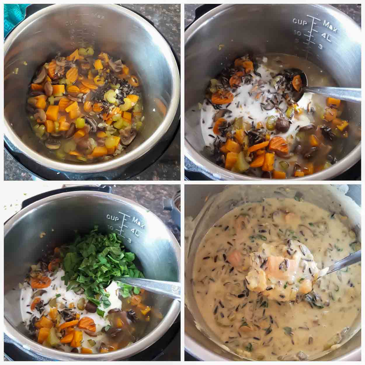 Process Steps 5-8 involved in making Instant Pot Wild Rice Soup.