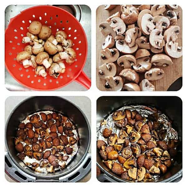 Process steps collage showing four major steps involved in making this mushrooms in the air fryer recipe.