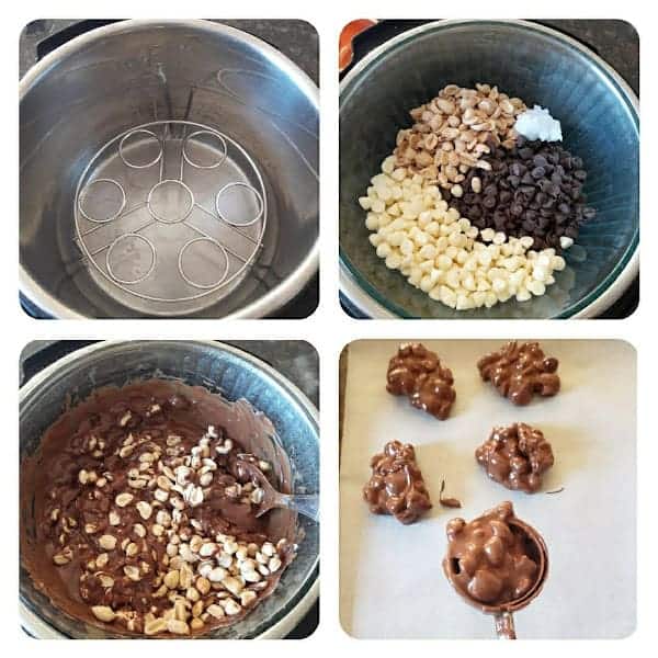 Process shot collage showing Chocolate Peanut Clusters made using Instant Pot.