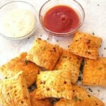 Pinterest image with text overlay for savory mushroom puff pastry bites appetizer made in Air Fryer.