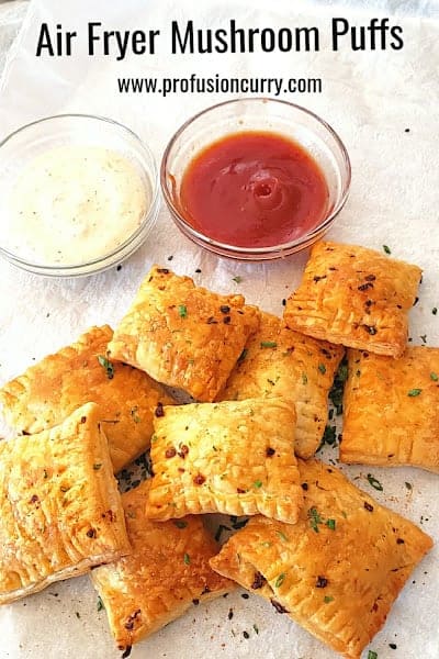 Pinterest image with text overlay for savory mushroom puff pastry bites appetizer made in Air Fryer.