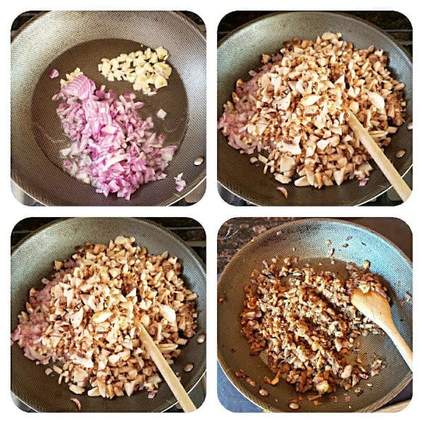 Process shot collage showing how to make filling for the pastry puffs.