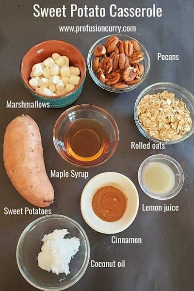 Ingredients used in making this gluten free and vegan sweet potato casserole.