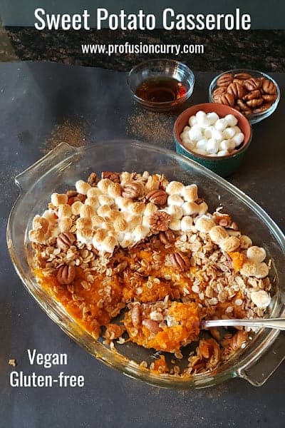 Pinterest image with text overlay for vegan and gluten free Sweet Potato Casserole. 