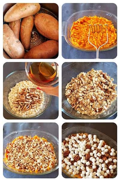 Process step collage showing six different steps involved in making this delicious sweet potato casserole.