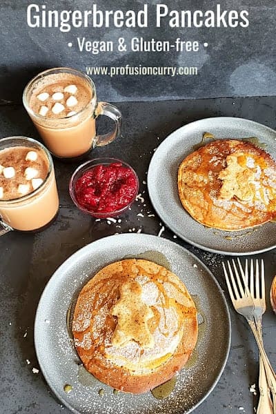 Pinterest image with text overlay for vegan and gluten free gingerbread spiced breakfast pancakes.