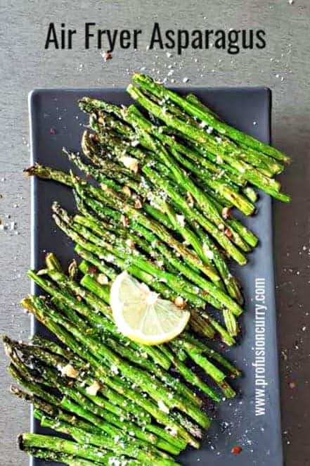 Pinterest image with text overlay for roasted asparagus made in air fryer.