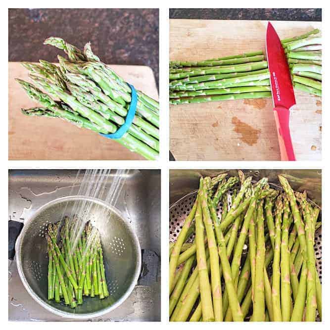 Process step collage showing how to roast asparagus in the air fryer.