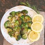 Pinterest image with text overlay for roasted broccoli florets made in the air fryer.