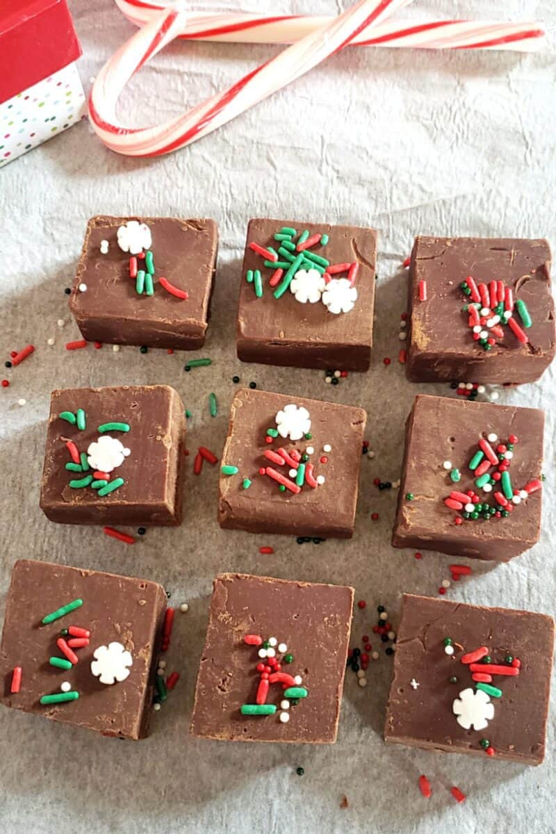 Fudge with green and red holiday sprinkles.