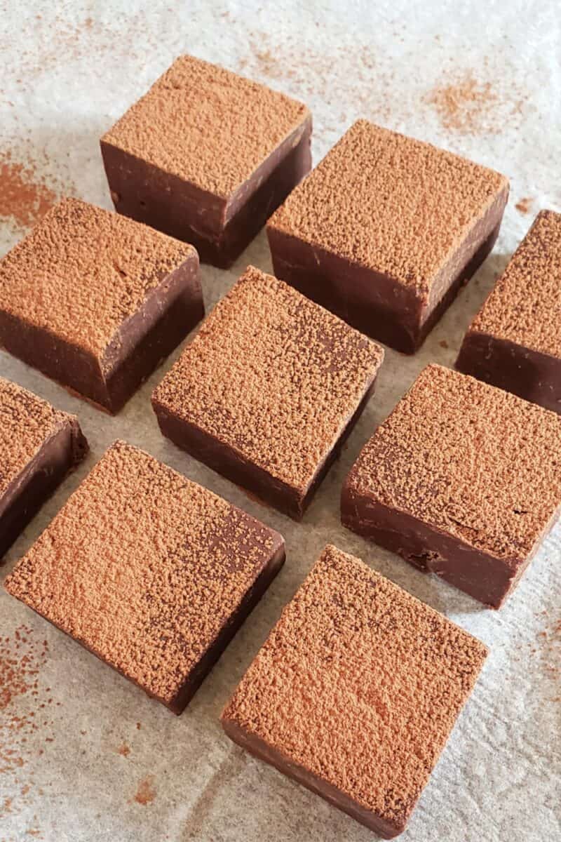 Chocolate Fudge dusted with cocoa powder.