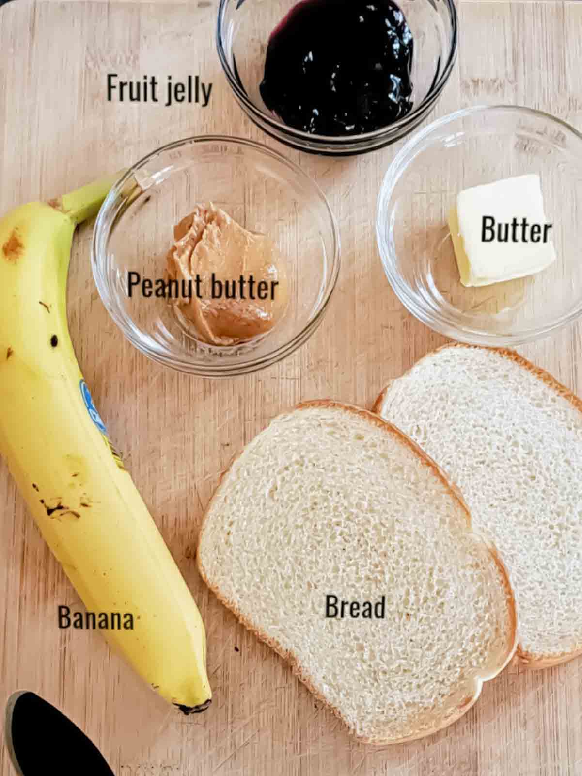 Ingredients used in making grilled banana peanut butter sandwich.