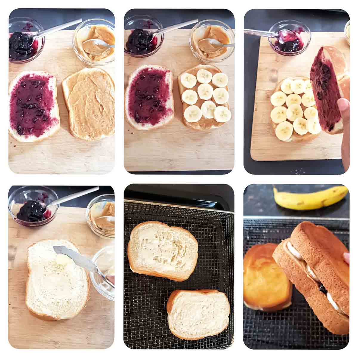 step by step process collage showing how to make peanut butter banana sandwich.