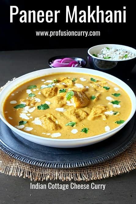 Pinterest image with text overlay for paneer makhani which is Indian curry with paneer, onion, tomato and spices. This instant pot paneer curry is served with rice and pickled onions. 