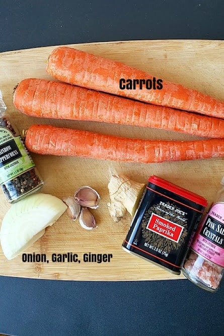 Ingredients used in making this wholesome ginger carrot soup recipe. 
