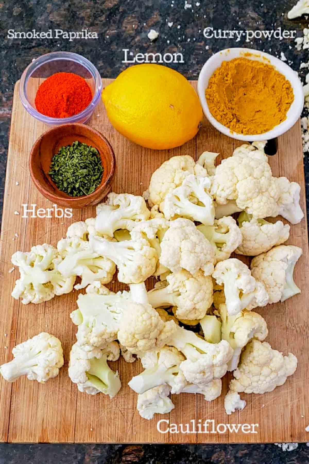 Ingredients used in making healthy air fryer vegetables called curry cauliflower.