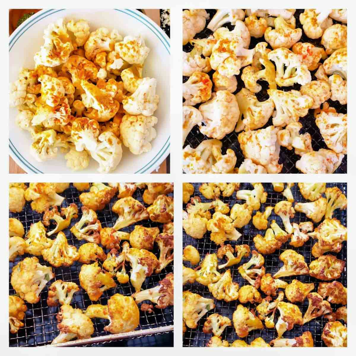 Process step collage showing four major steps involved in making this cauliflower recipe.