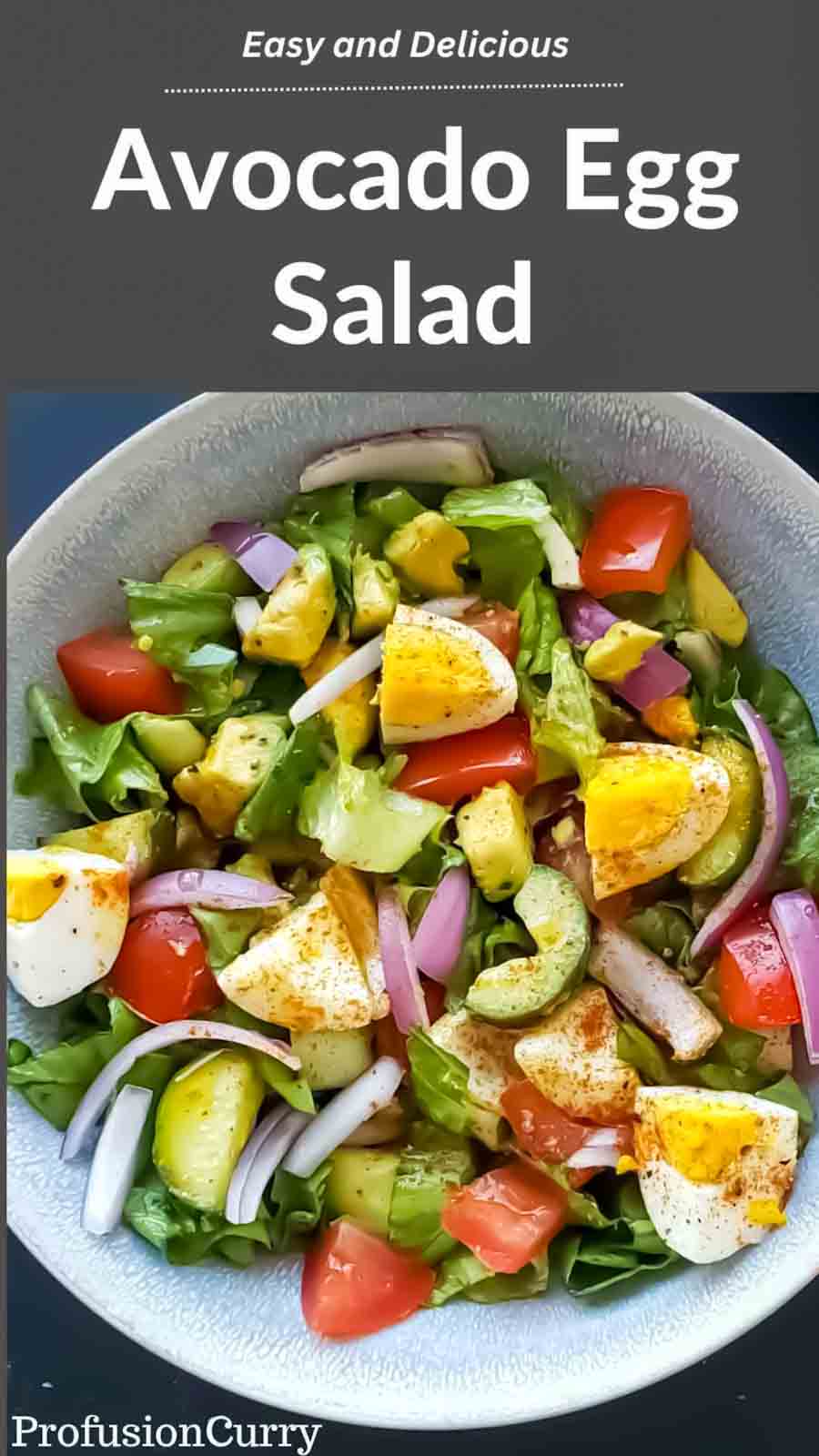 Avocado Egg salad with veggies and dressing served in a bowl. This grain free salad is low carb and gluten free.