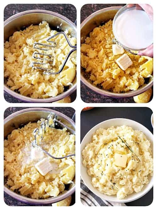 Process step collage showing last four steps in making homestyle mashed potatoes in Instant Pot.