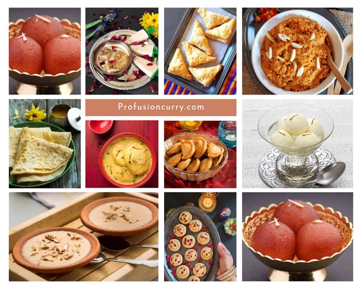 A phot collage with collection of desserts made in India.