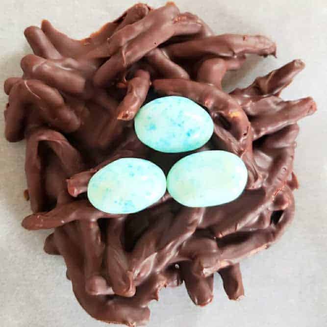 Chow mein chocolate nest with blue cadbury eggs