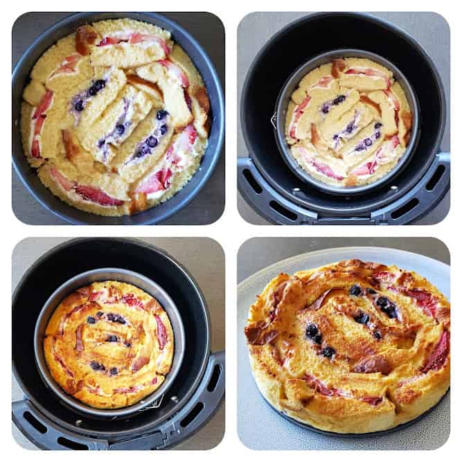 Process step collage showing four steps of how to make berry bread pudding in air fryer.