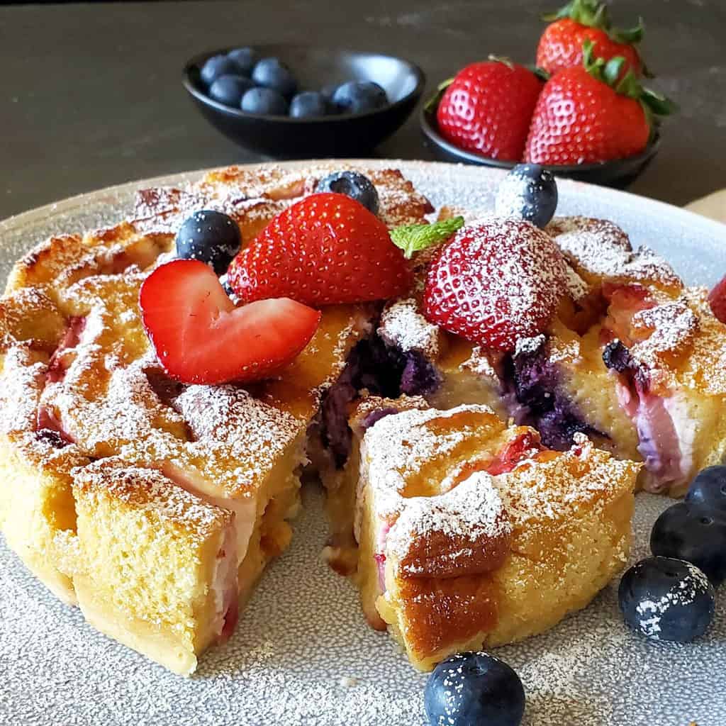 Cream cheese bread pudding made in the air fryer served for breakfast.