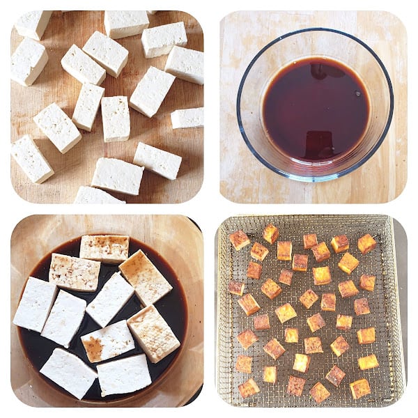 Process step collage showing four major steps involved in making this air fryer tofu recipe.