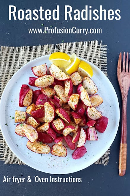 Pinterest image with text overlay for Roasted Radishes made in air fryer or oven.