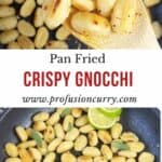 Pinterest image with text overlay for pan fried gnocchi recipe.