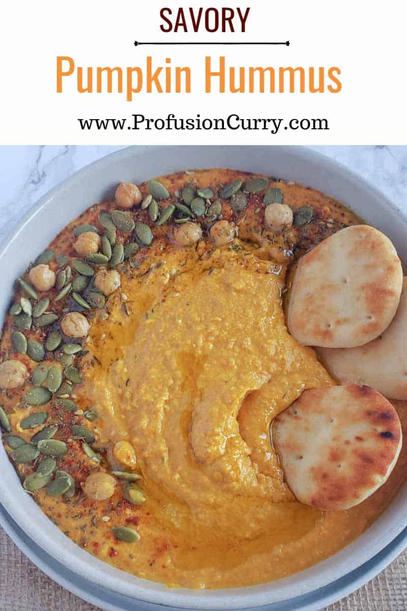 Pinterest image with text overlay for creamy pumpkin hummus.