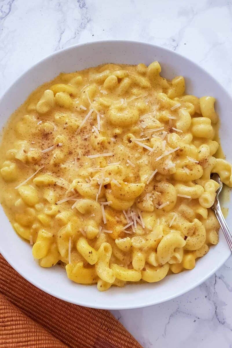 A soulful bowl of creamy pumpkin pasta bake.