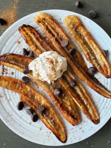 maple and brown sugar coated air fryer bananas served for dessert.