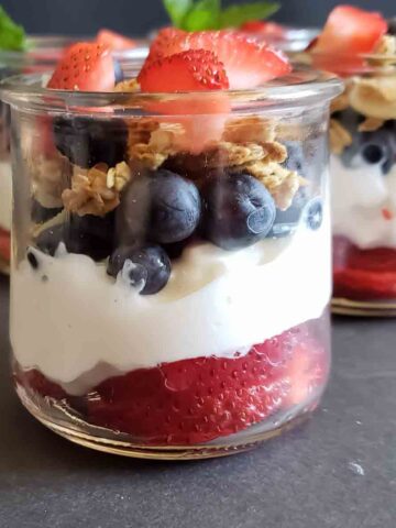A jar layered with cottage cheese and fruit recipe.