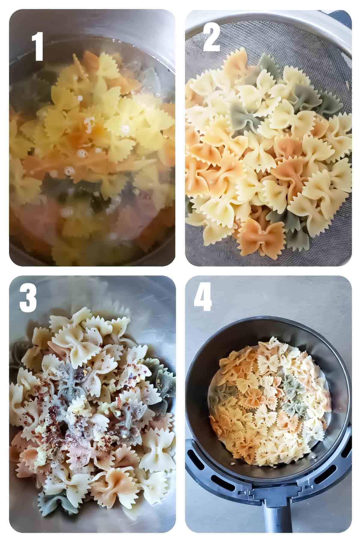 Process step collage showing how to make air fryer pasta chips.