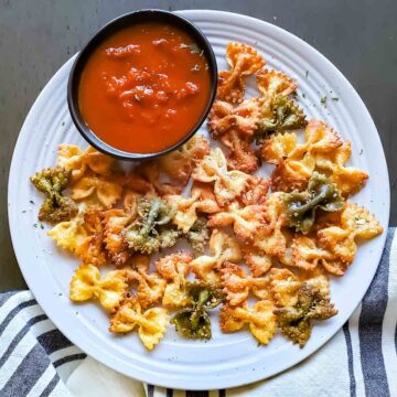 Crispy Air Fryer Pasta Chips served with dip.