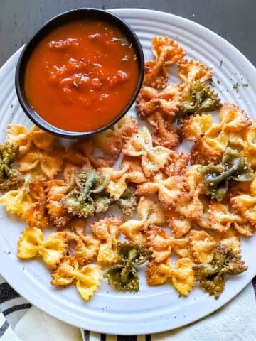 Crispy Air Fryer Pasta Chips served with dip.