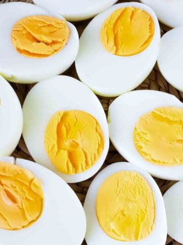 Overhead image of Instant Pot Hard boiled eggs cut in half