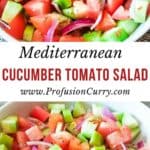 Pinterest image with text overlay for balsamic cucumber tomato salad.