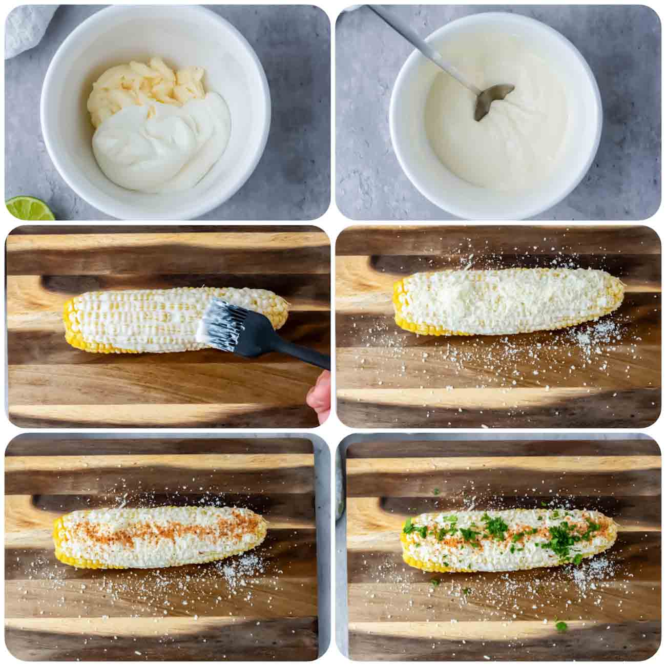 Process step collage showing how to make Street Corn on the cob using air fryer or pressure cooker.