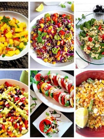 Collage of vibrant summer salad recipe pictures.