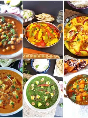 Six image collage showing scrumptious Indian curry recipes.