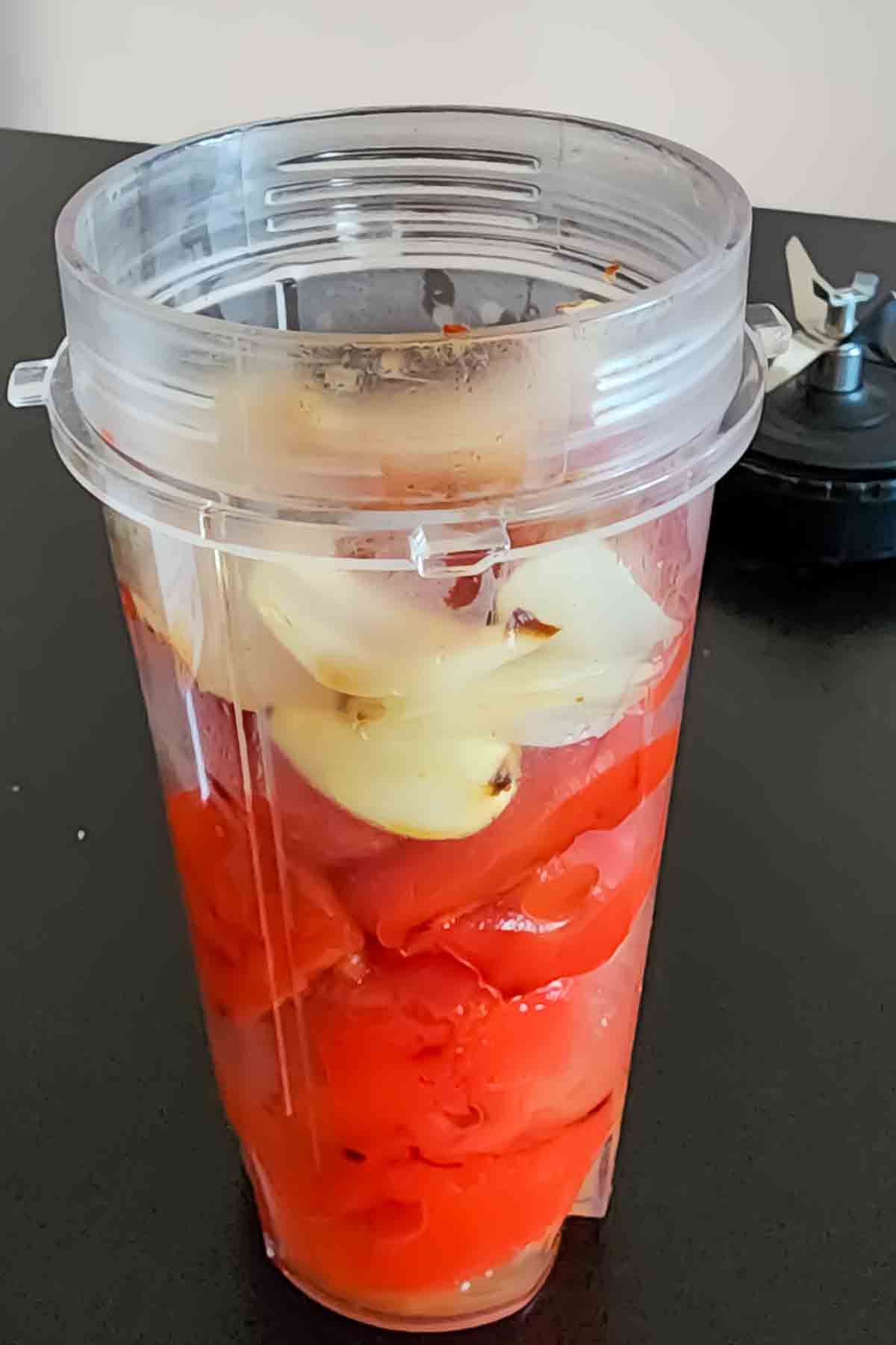 Roasted vegetables in the blender jar to make the puree.