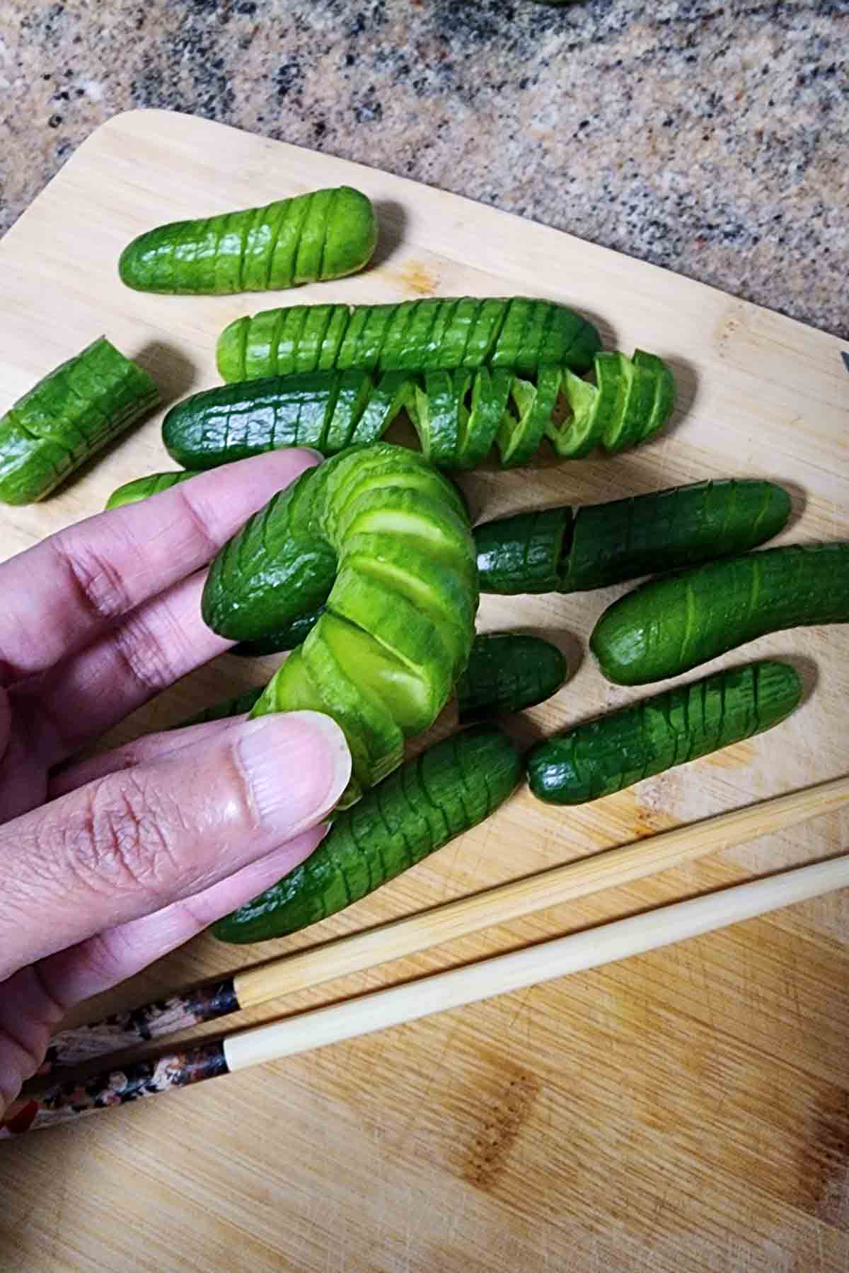 Thinly sliced spiral cucumbers used in making spicy Asian Cucumber Salad.