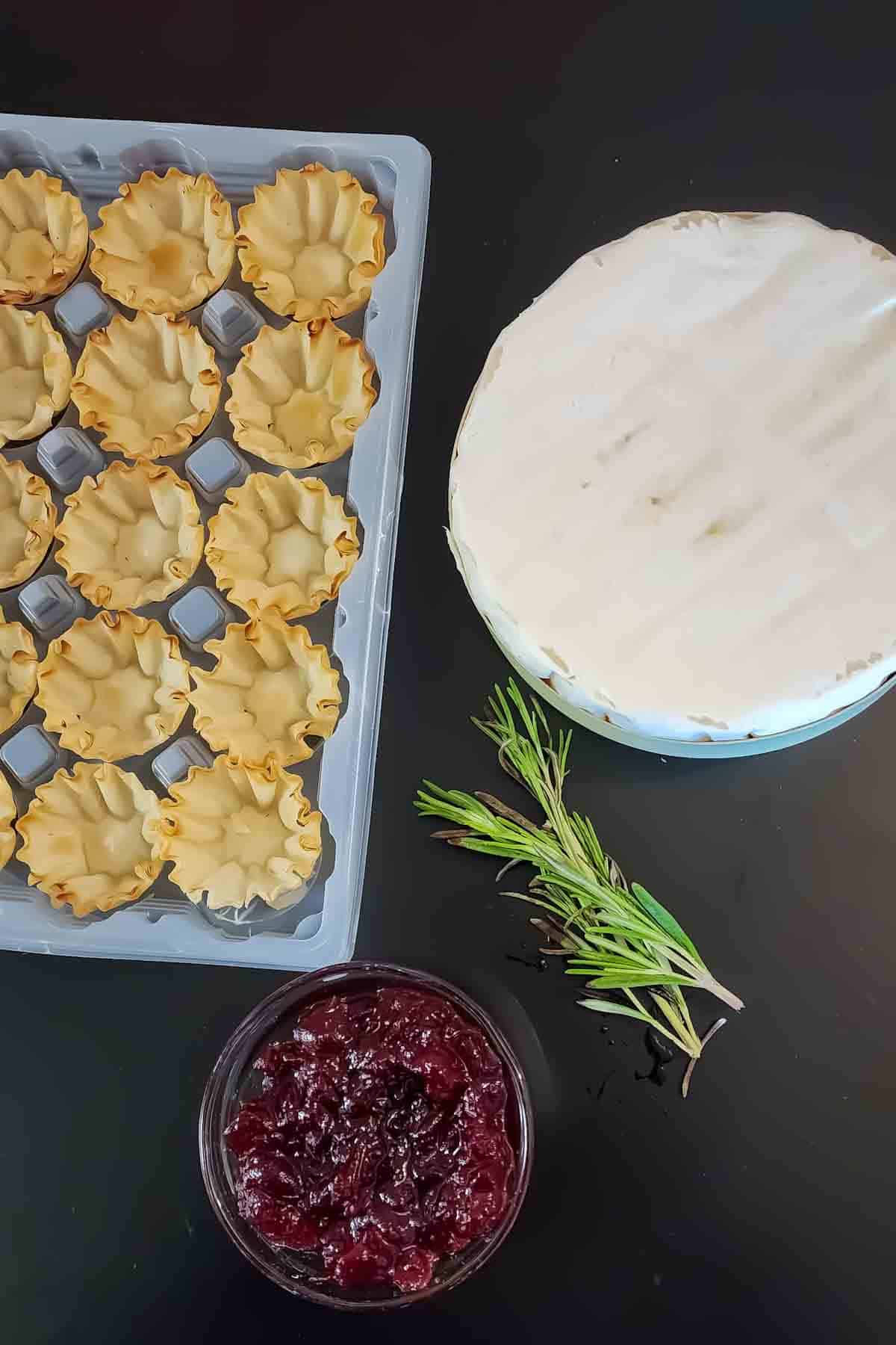 Ingredients used in making this 3 ingredient 15 minute Cranberry Brie Phyllo Cup Recipe.