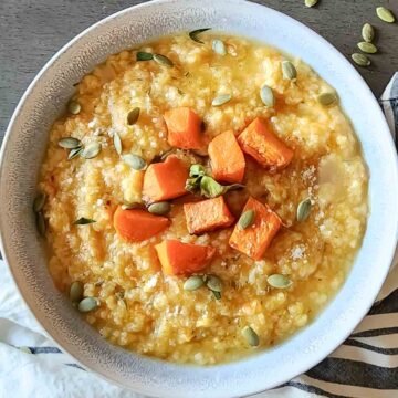 Pumpkin Risotto made at home in 20 minutes and one pot served with optional garnishes for cozy comforting dinner.